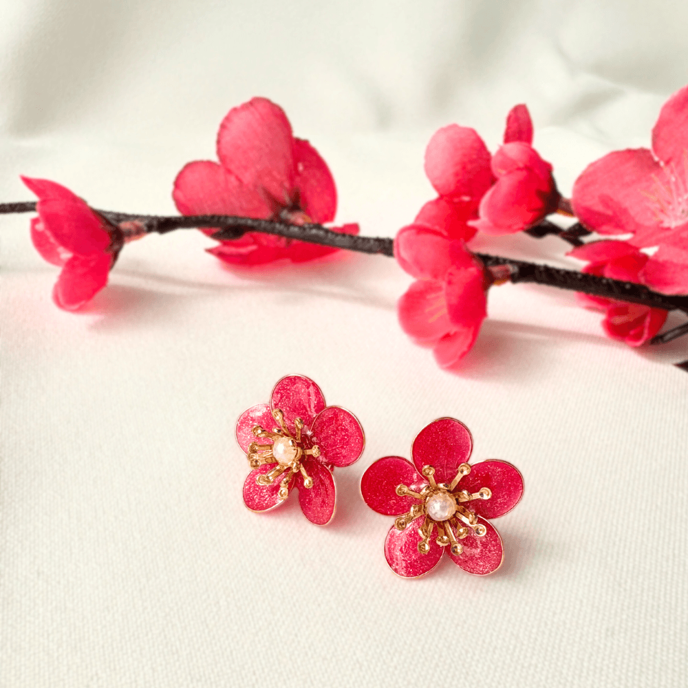 【梅】2wayピアス サージカルステンレス 金属アレルギー対応 受注生産 揺れる 赤 大人可愛い ギフト 春の新作 | 3枚目